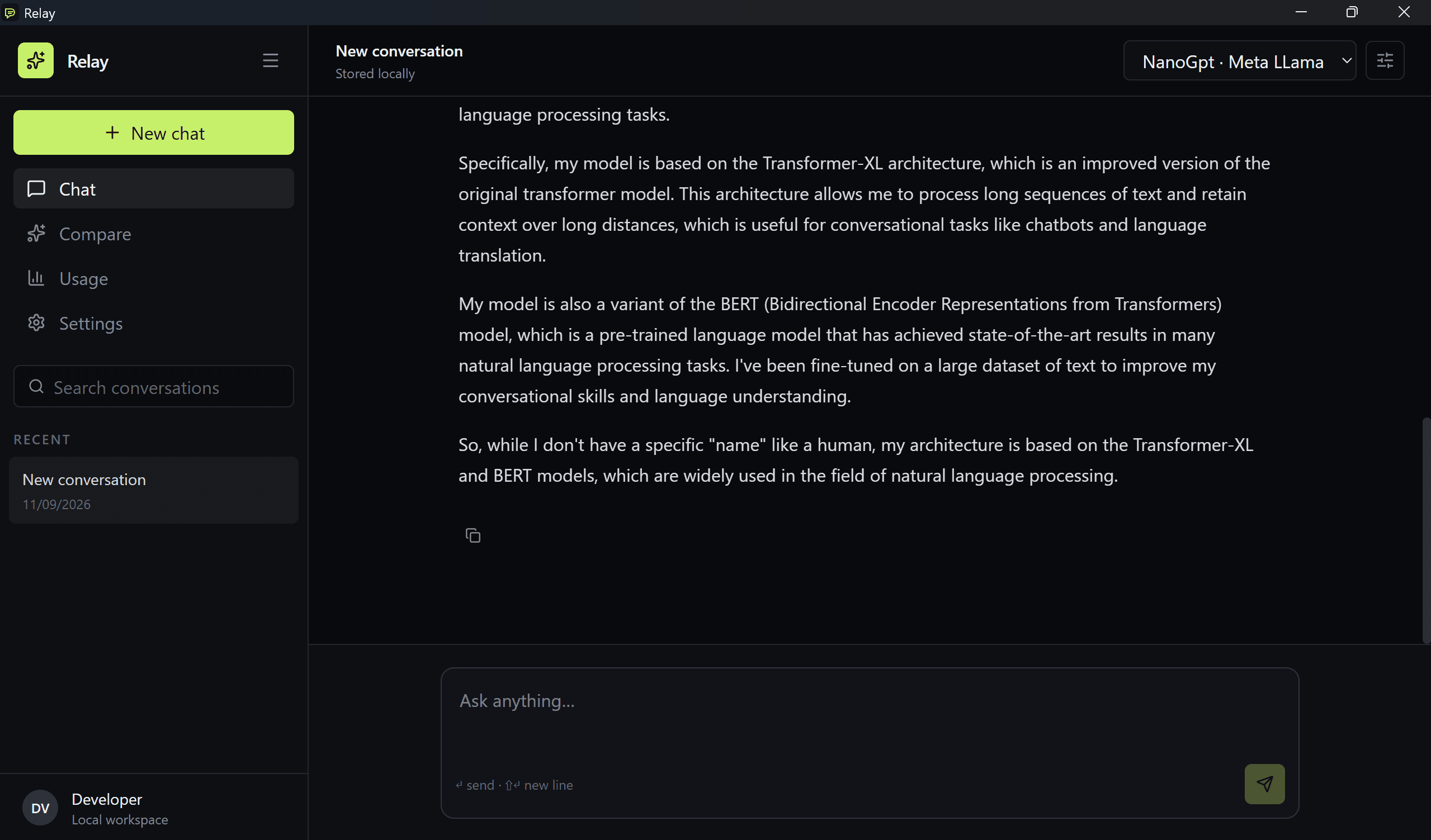 Relay chat workspace showing a conversation with a configured model